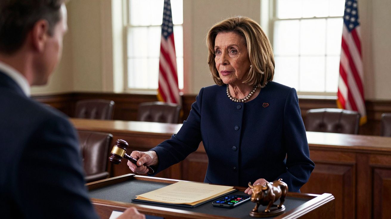 Mulher num tribunal a levantar um martelo de juiz, com bandeiras dos EUA ao fundo.