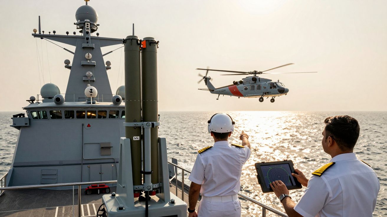 Dois marinheiros numa embarcação naval observam um helicóptero a aproximar-se sobre o mar ao pôr do sol.