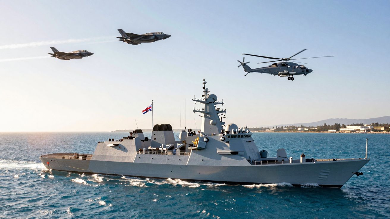 Navio de guerra a navegar com dois jatos de combate e um helicóptero em voo sobre o mar.