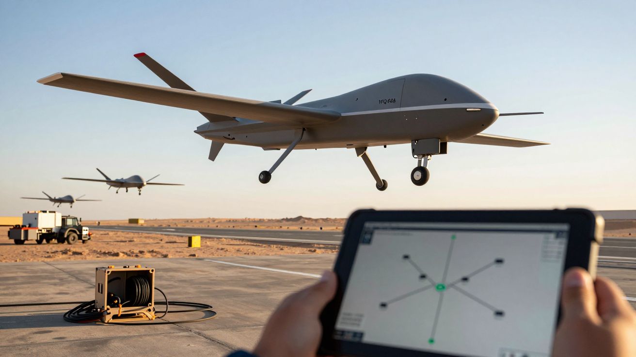 Drone militar descolando do deserto com painel de controlo digital em primeiro plano.