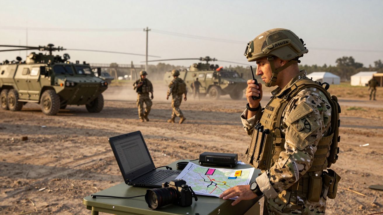 Soldado militar em equipamento tático consulta mapa e comunica por rádio em base com veículos e helicópteros.