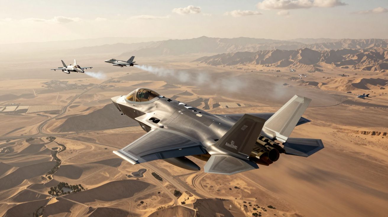 Quatro jatos militares a sobrevoar um deserto montanhoso sob céu com poucas nuvens.