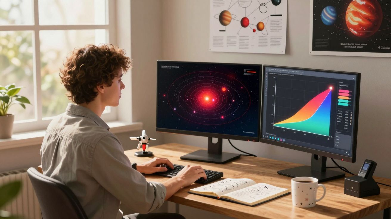 Jovem a estudar astronomia em secretária com dois ecrãs a mostrar gráficos e modelos do sistema solar.