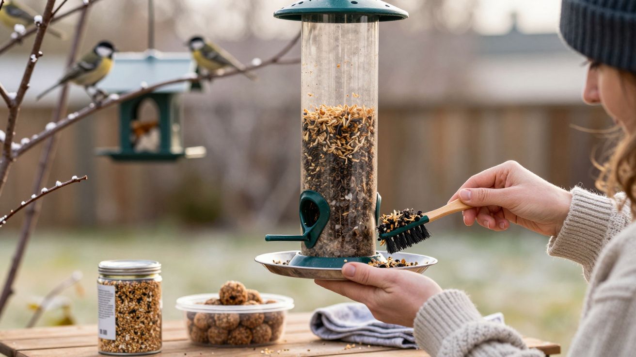 Pessoa a limpar com escova comedouro para pássaros cheio de sementes no jardim durante outono.