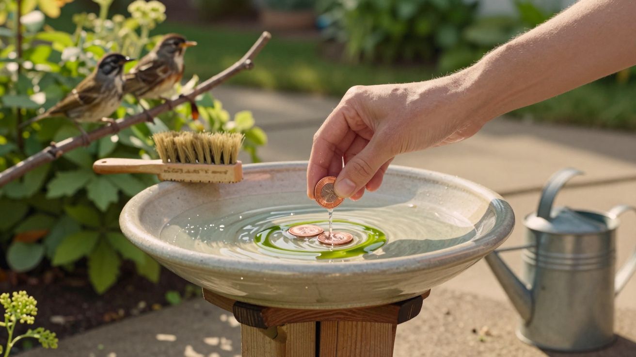 Mão a colocar moedas num bebedouro para pássaros num jardim, com pássaros e regador ao fundo.