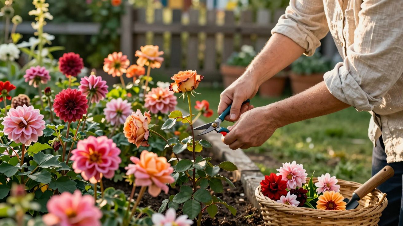Pessoa a cortar flores cor de laranja num jardim florido com cesta de flores ao lado.