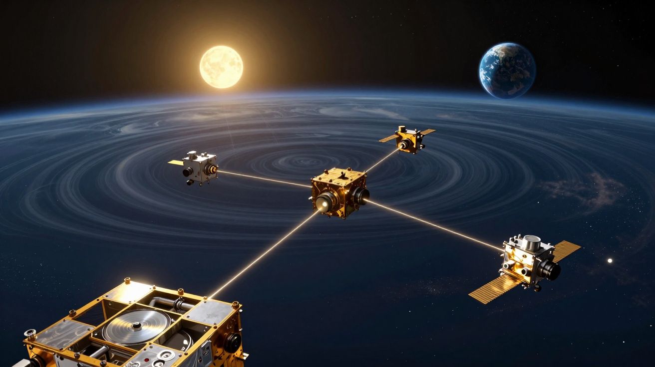 Satélites dourados ligados em formação no espaço com a Terra e o Sol ao fundo.