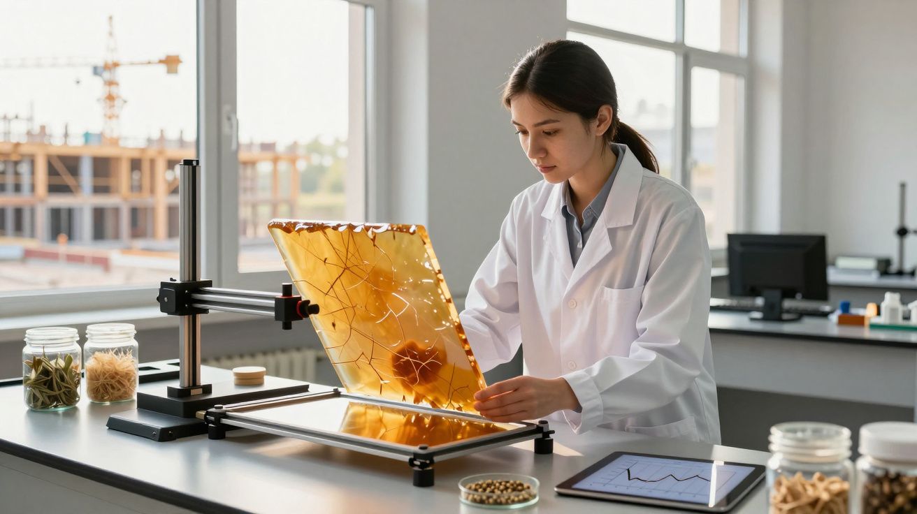 Cientista a analisar folhas com fraturas num laboratório com equipamento e amostras vegetais.