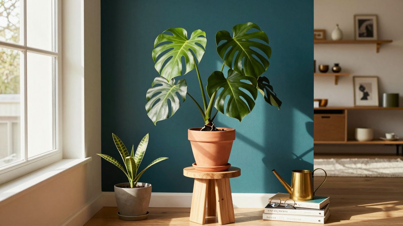 Plantas em vasos decoram uma sala iluminada com parede azul e janela grande ao lado.