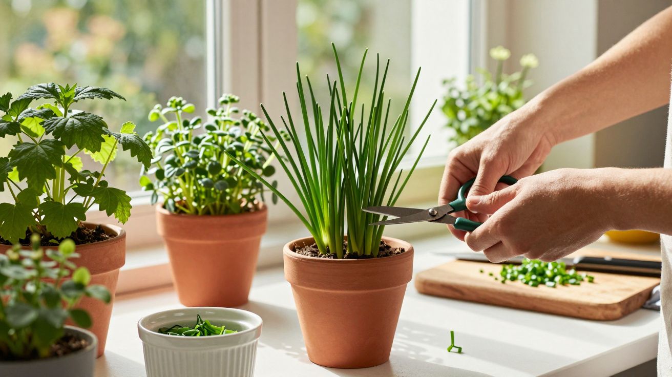 Mãos a cortar cebolinho fresco com tesoura, vasos com ervas aromáticas numa bancada junto a uma janela.