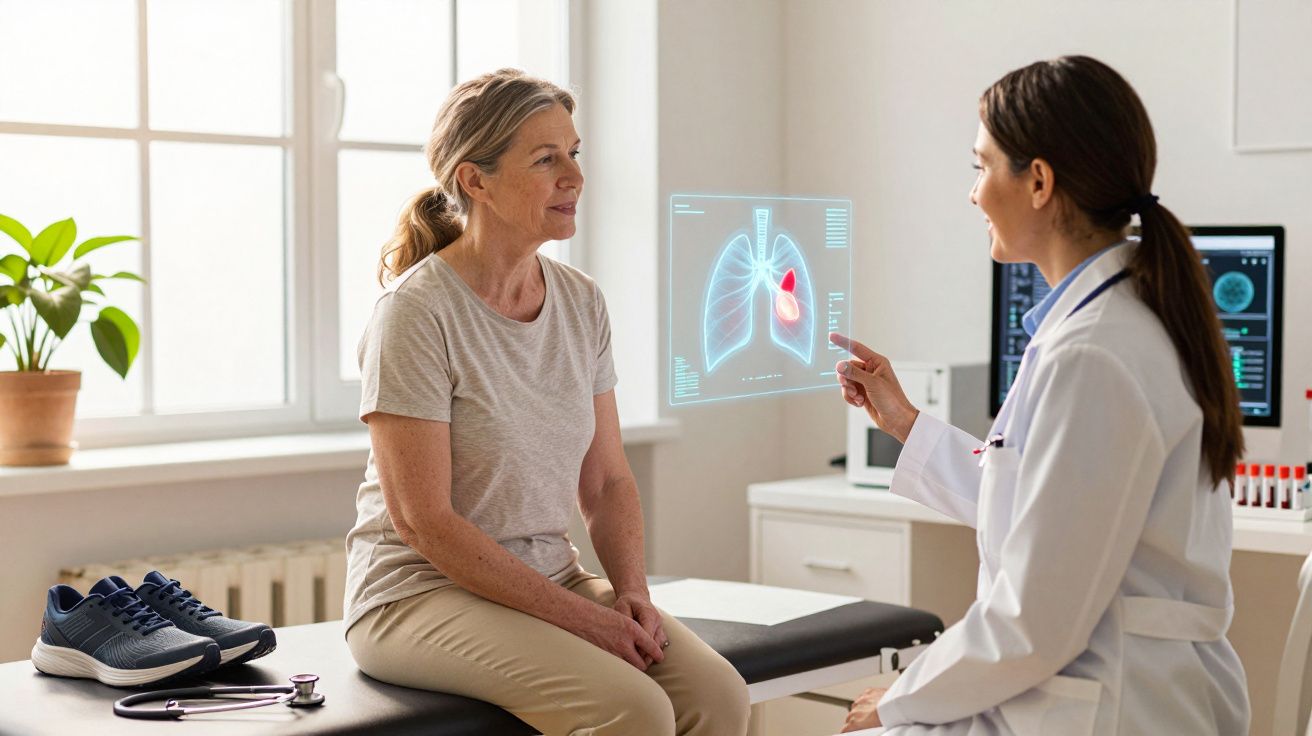 Médica a explicar a uma mulher exame digital de pulmões numa consulta médica num consultório iluminado.