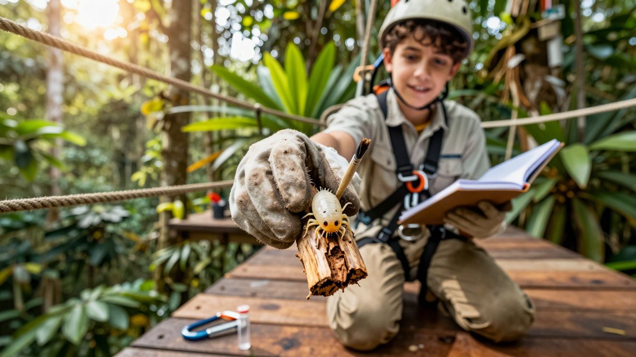 Garoto com capacete e luva segura um pedaço de madeira com uma larva amarelo com olhos pretos numa floresta.