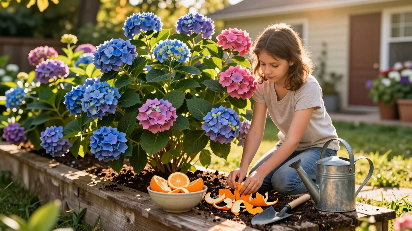 Menina a preparar cascas de laranja no jardim junto a flores coloridas e ferramenta de jardinagem.