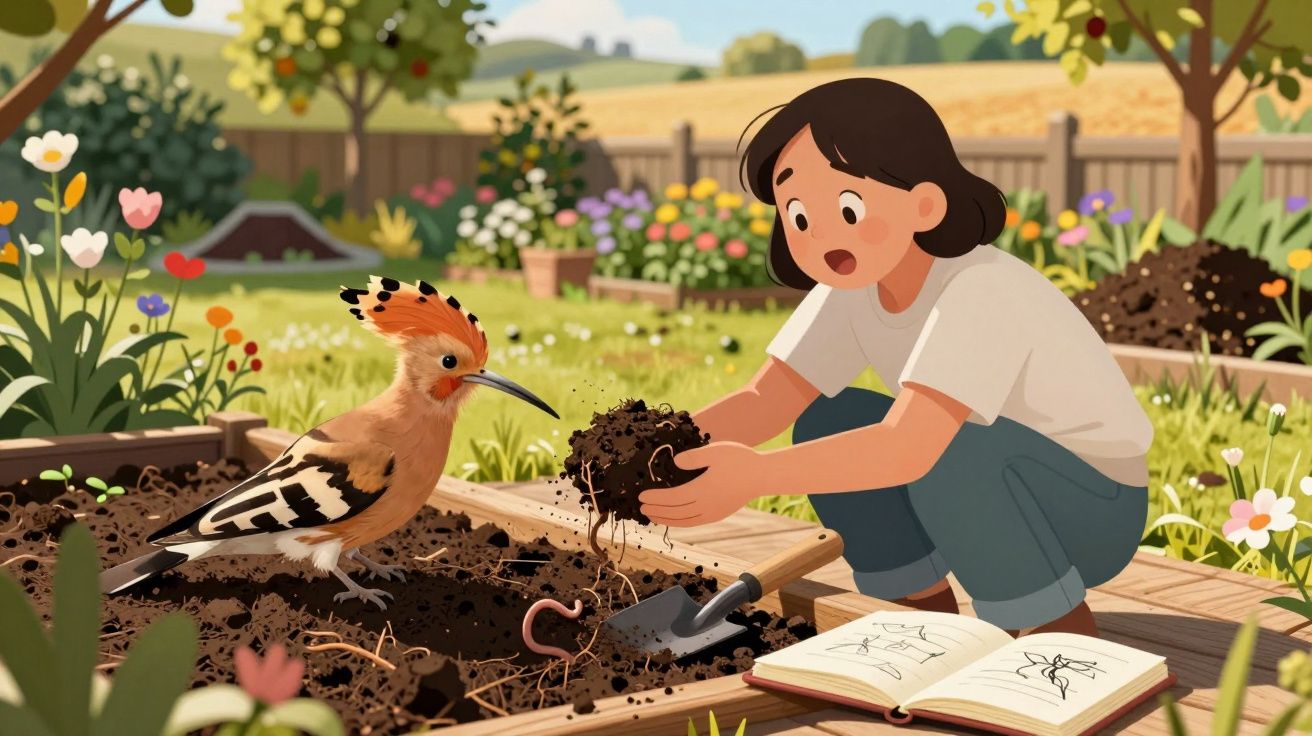 Rapaz a brincar com terra no jardim junto a pássaro spur-winged-lapwing e livro aberto.