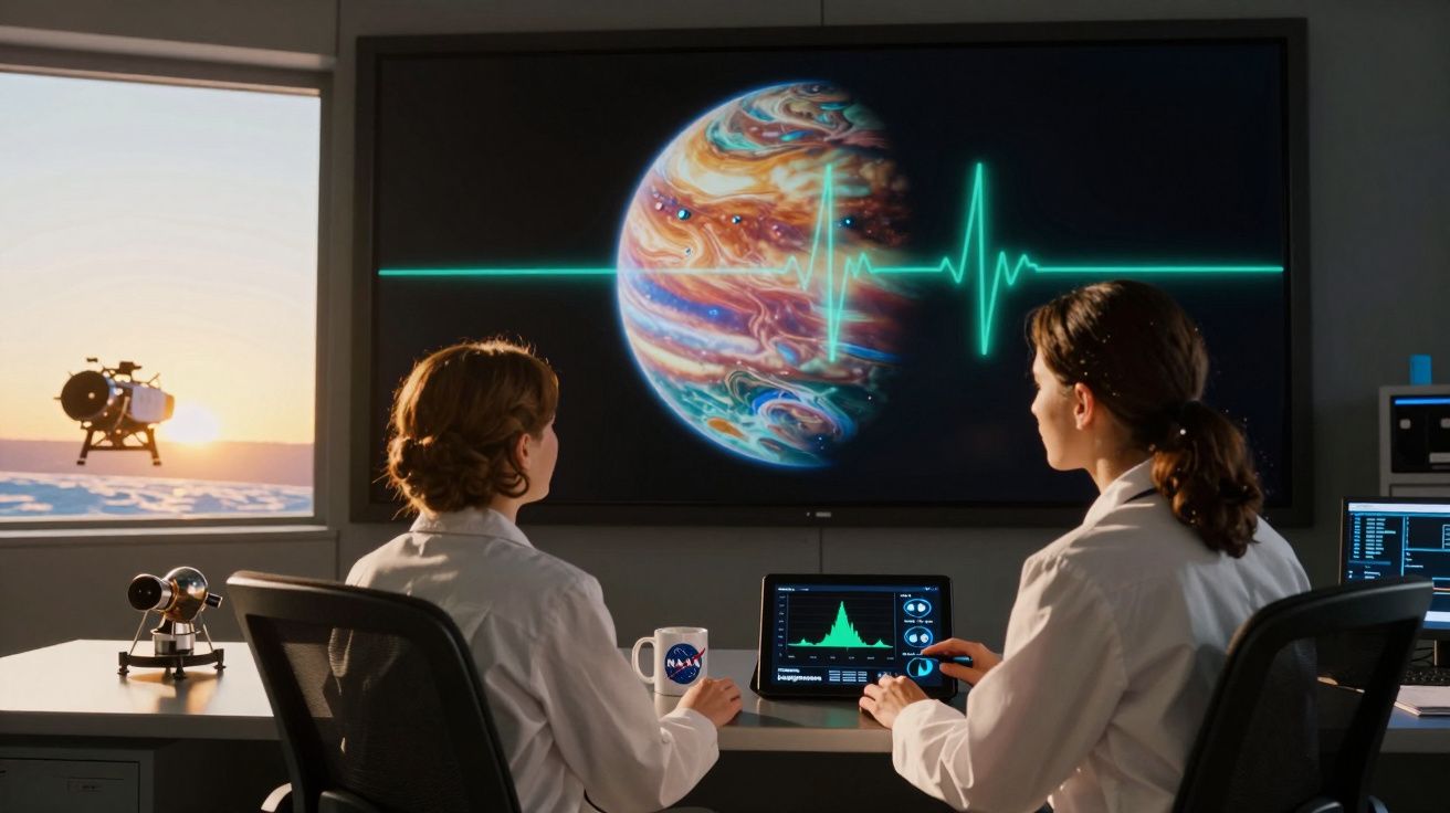 Duas cientistas observam dados na tela com imagem do planeta Júpiter e gráfico de sinal cardíaco.