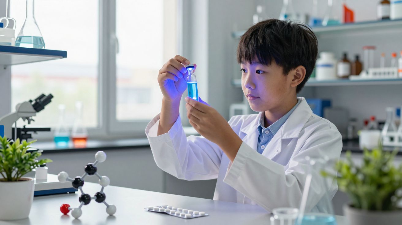 Criança em laboratório a observar um tubo com líquido azul enquanto usa bata branca.