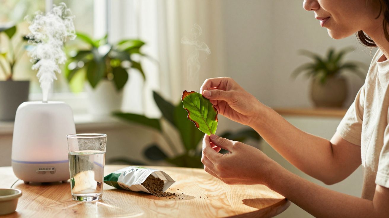 Pessoa segurando folha seca a arder num ambiente com plantas, vaporizador e copo de água sobre mesa de madeira.