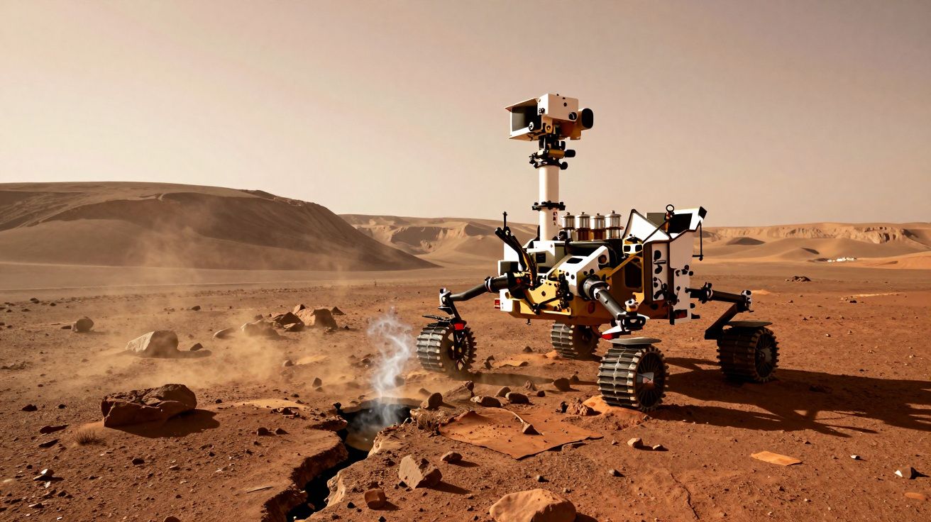 Rover exploratório branco e preto em terreno árido e poeirento, com fendas e colinas ao fundo.