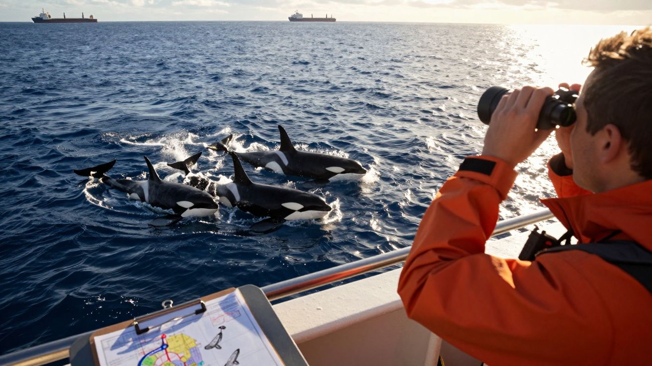 Pessoa em barco observa grupo de orcas a nadar no oceano com navios ao fundo ao pôr do sol.