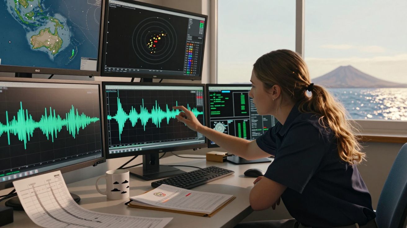 Mulher analisa dados sísmicos em vários ecrãs num centro de monitorização com vista para o mar e montanha.