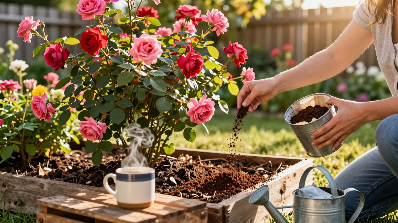 Pessoa a espalhar terra num canteiro com rosas cor-de-rosa num jardim ao entardecer.