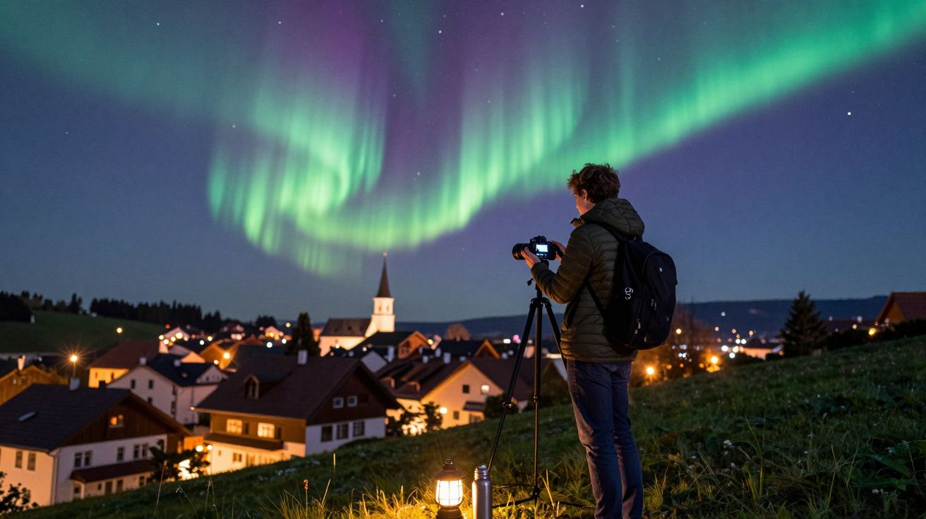 Homem a fotografar a aurora boreal sobre uma vila à noite, com luzes e igreja iluminadas.