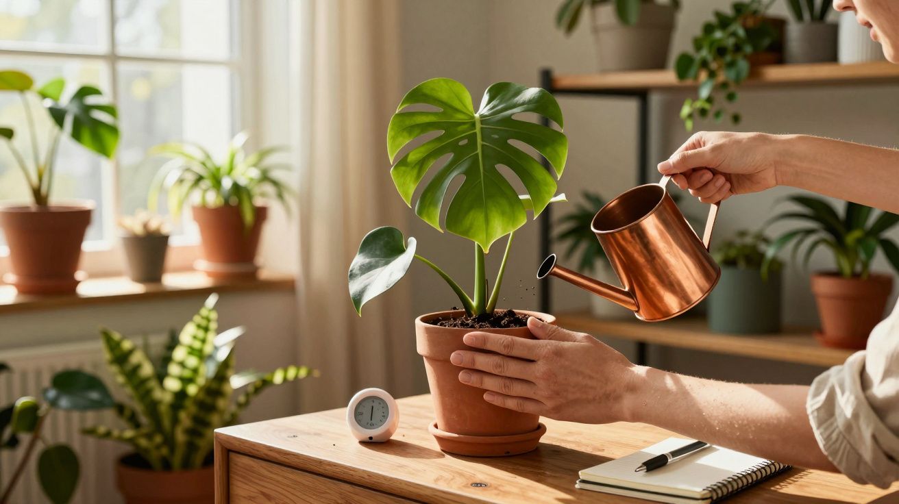 Pessoa a regar planta de vaso castanho com regador metálico num ambiente interior luminoso.