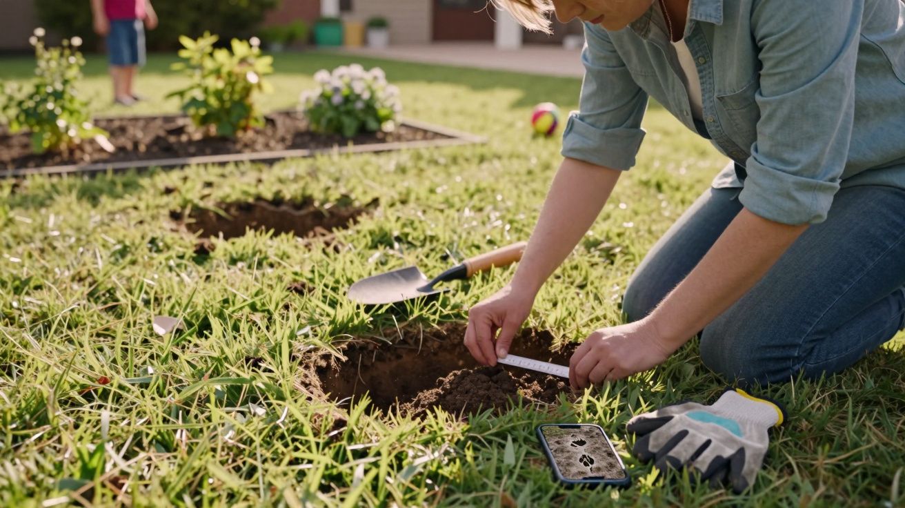 Pessoa a medir a distância entre buracos na relva para plantar, com uma pá e luvas ao lado.