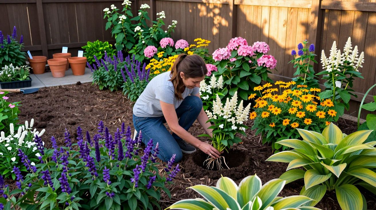 Mulher a plantar flores brancas num canteiro rodeado de várias flores coloridas num jardim junto a uma vedação.
