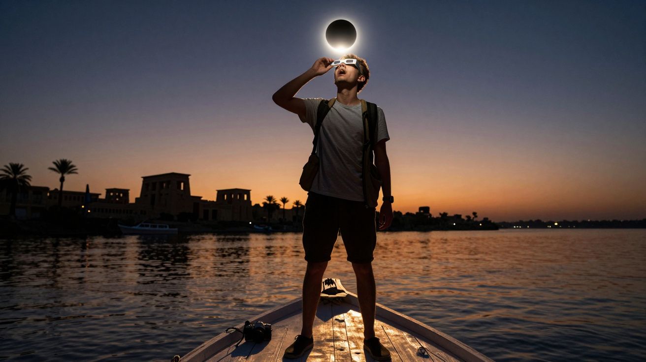 Homem de óculos especiais observa eclipse solar a partir de barco ao pôr do sol num rio calmo.