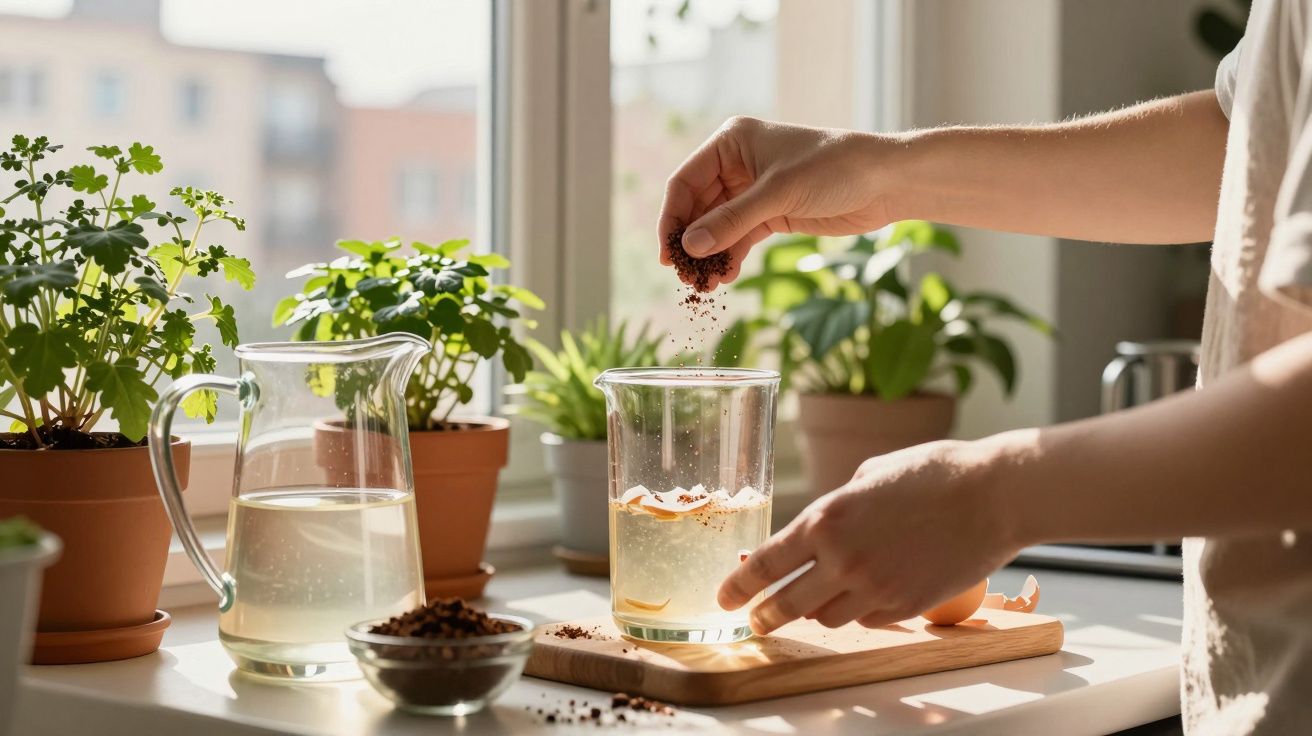 Mãos a preparar bebida com ingredientes naturais junto a plantas verdes e jarra de água na cozinha iluminada.