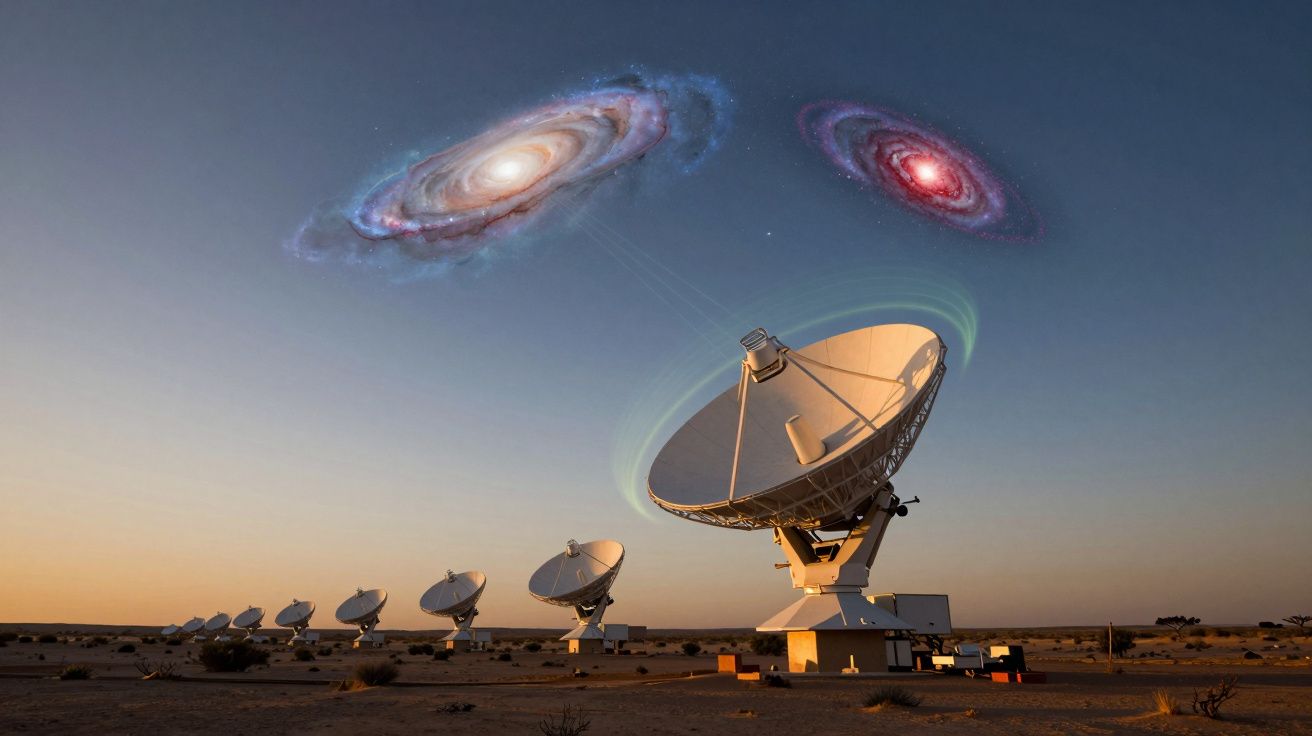 Rádiotelescópios no deserto observando duas galáxias brilhantes no céu ao pôr do sol.