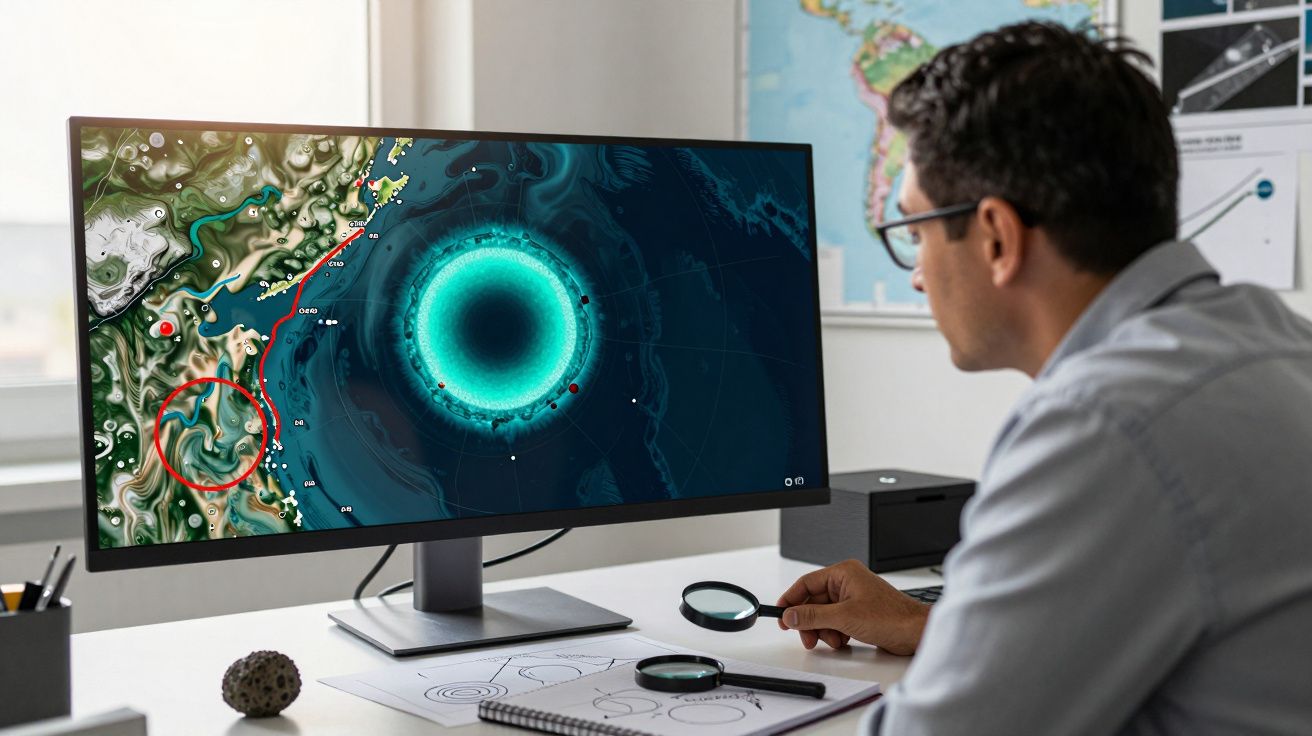 Homem a analisar com lupa imagem digital de um mapa oceânico detalhado num monitor de computador.