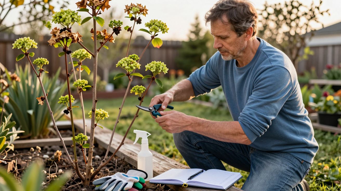 Homem a podar planta numa horta com ferramentas e caderno ao lado durante o dia.