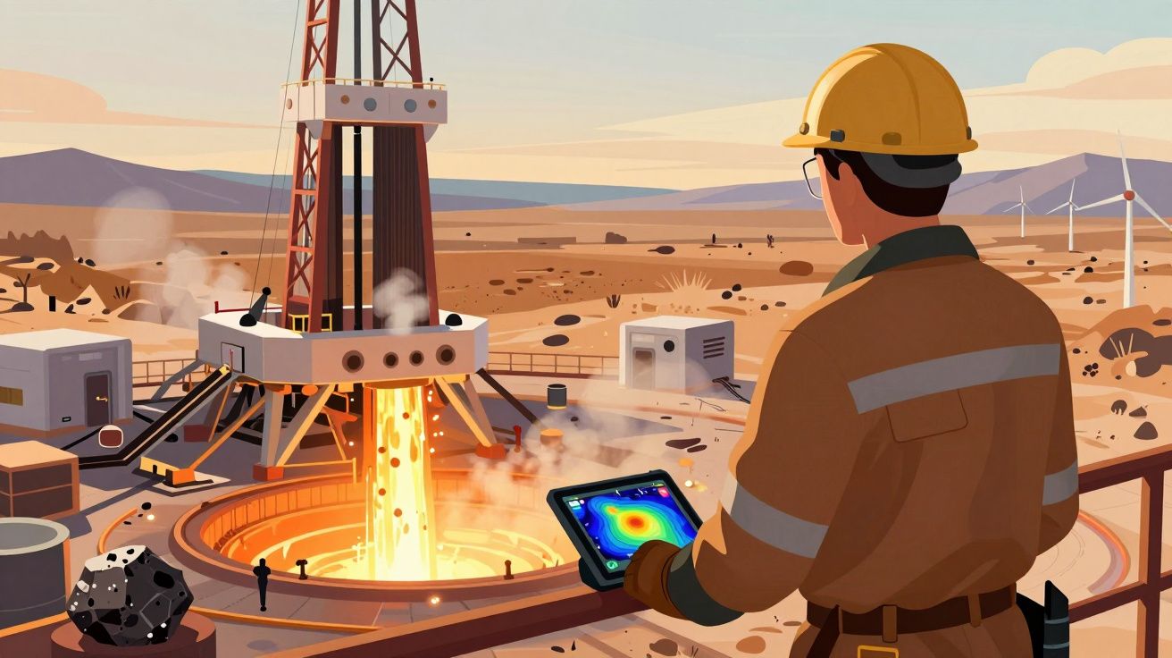 Trabalhador com capacete controla lançamento de foguete numa plataforma no deserto com eólicas ao fundo.