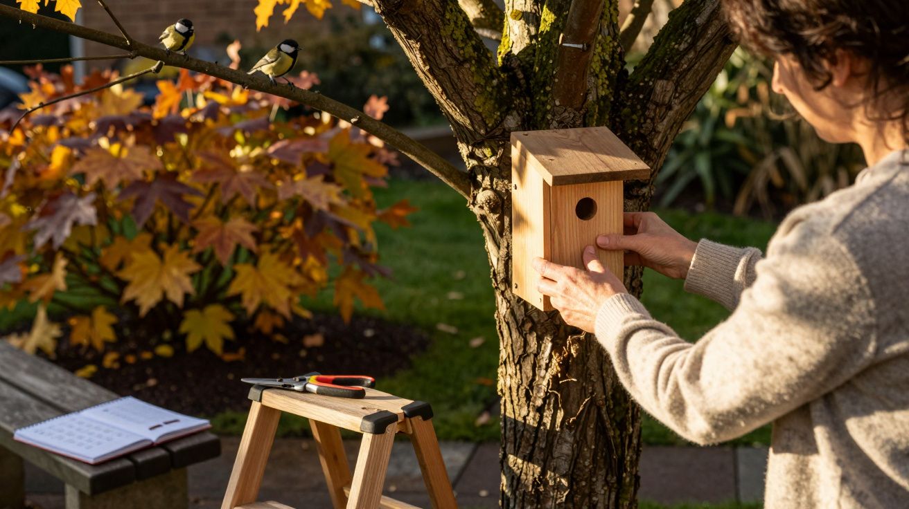 Pessoa a fixar uma casa de madeira para pássaros numa árvore durante o outono.