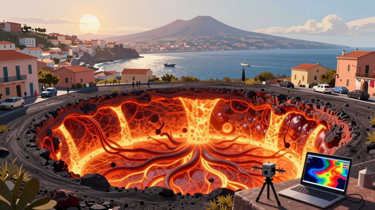 Vista de uma cratera vulcânica ativa com lava incandescente num cenário costeiro ao pôr do sol.