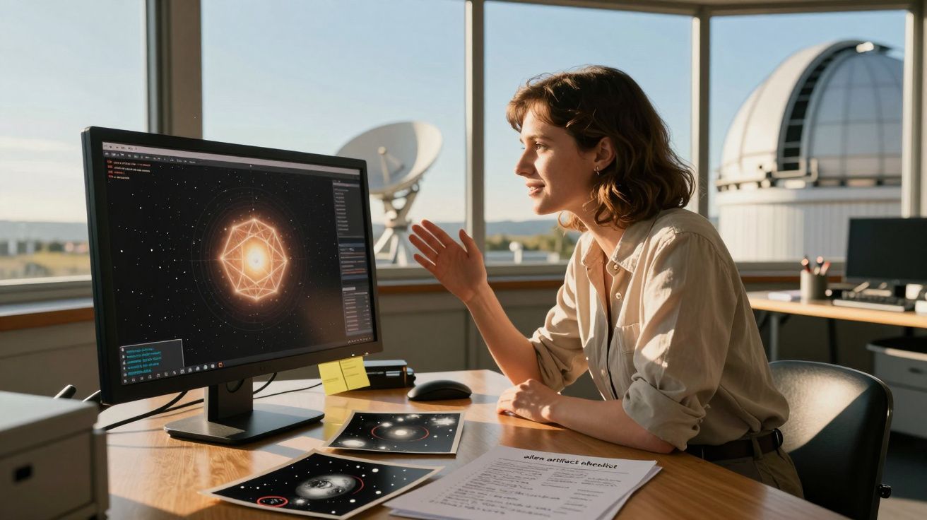 Mulher a analisar dados astronómicos num computador com imagens espaciais, em sala com janelas panorâmicas.