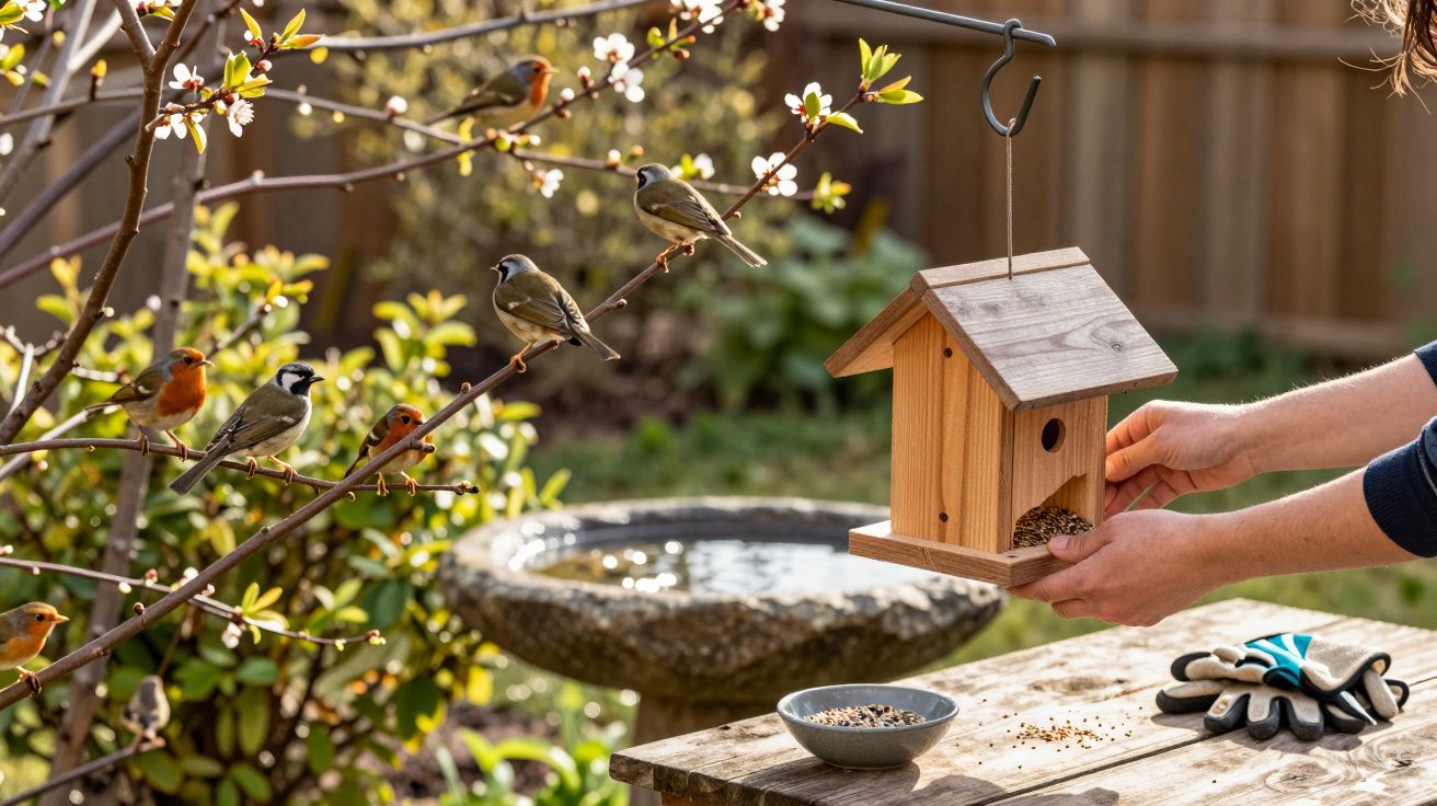 Pessoa a alimentar pássaros com casa de madeira num jardim com árvores floridas e bebedouro para pássaros.