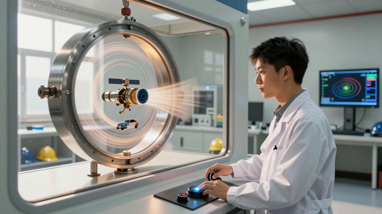 Homem em bata branca opera dispositivo de testes aerodinâmicos com modelo de carro numa câmara de vento.