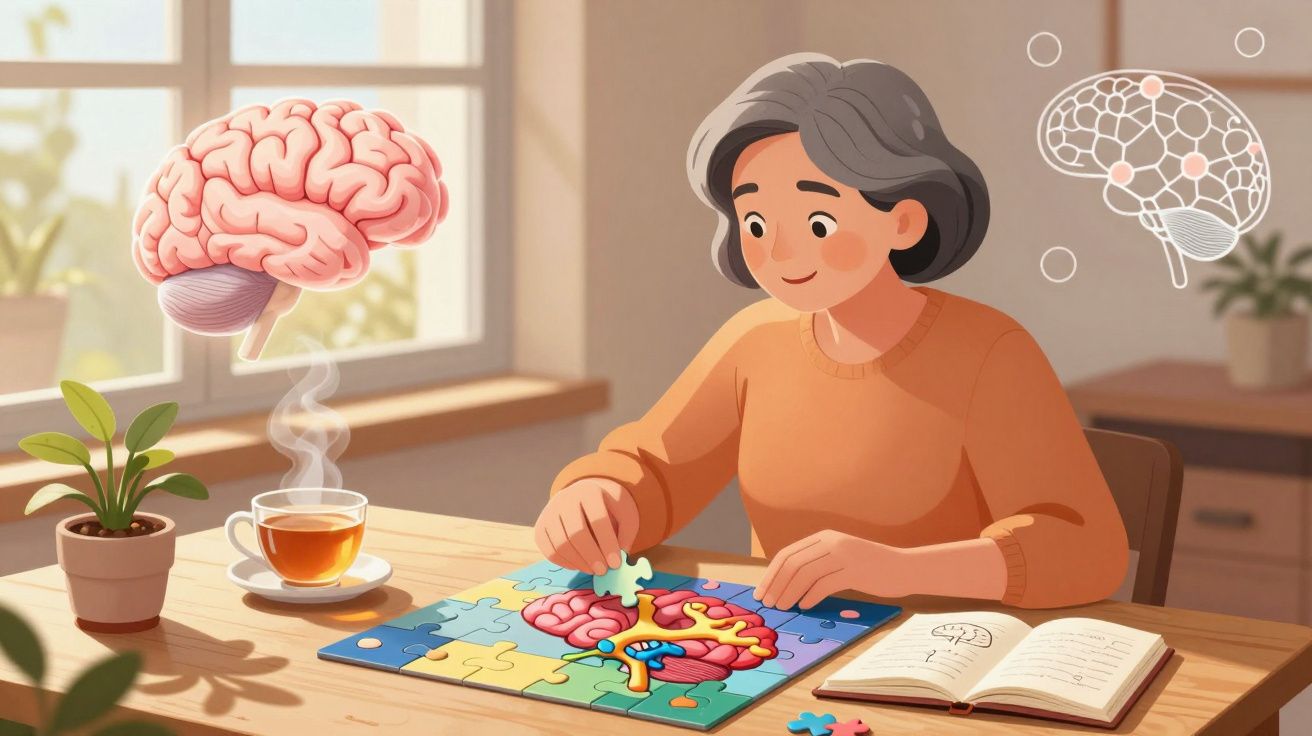 Pessoa idosa a montar puzzle do cérebro numa mesa com chá e livro num ambiente iluminado.