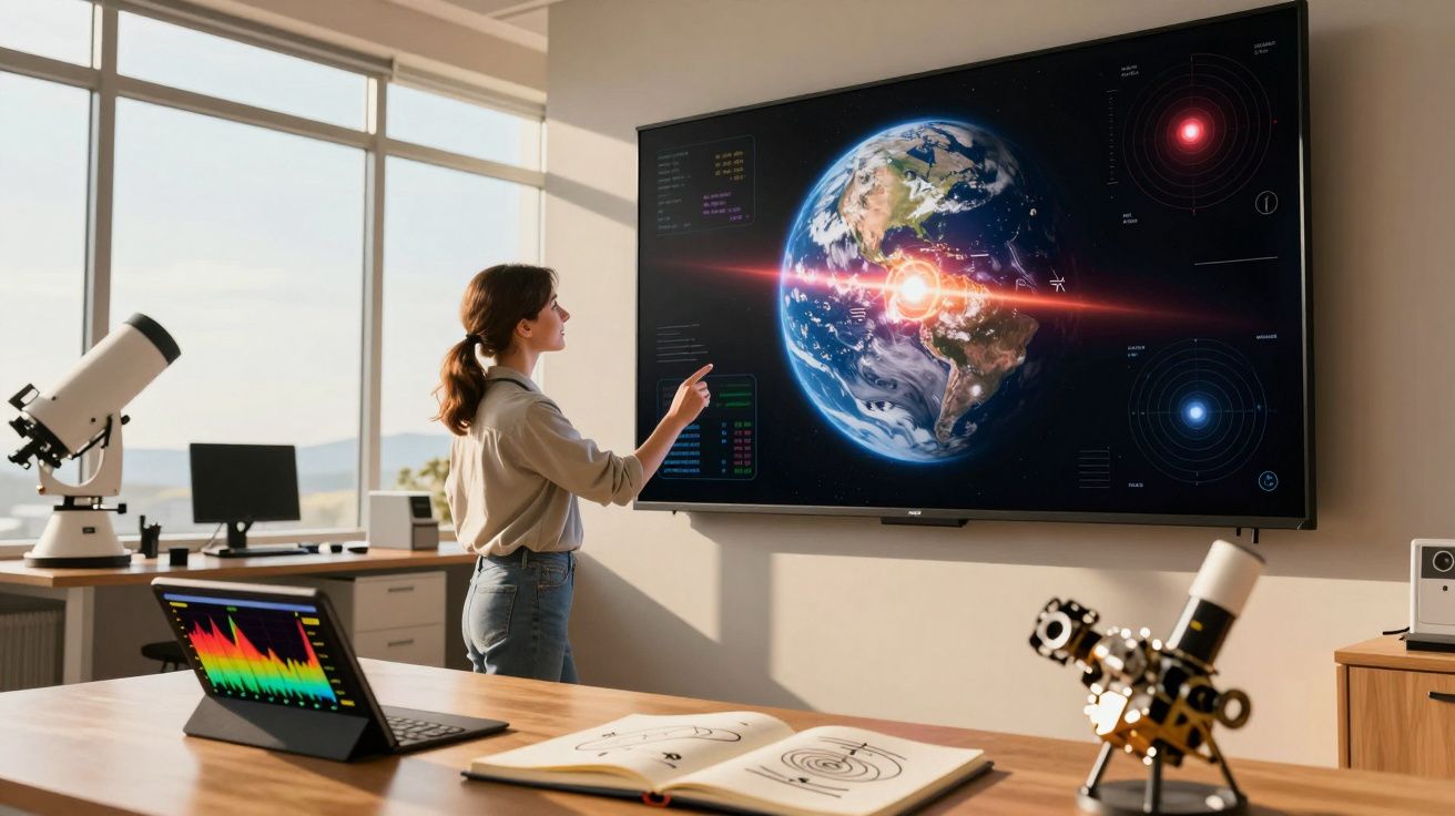 Mulher observa e interage com imagem digital do planeta Terra numa grande tela numa sala de estudo científica.