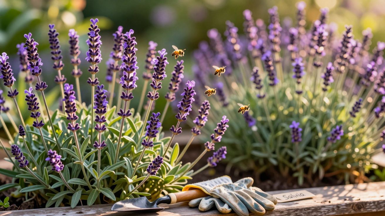 Plantas de lavanda com várias abelhas a voar e luvas de jardinagem junto a uma pequena pá num jardim.