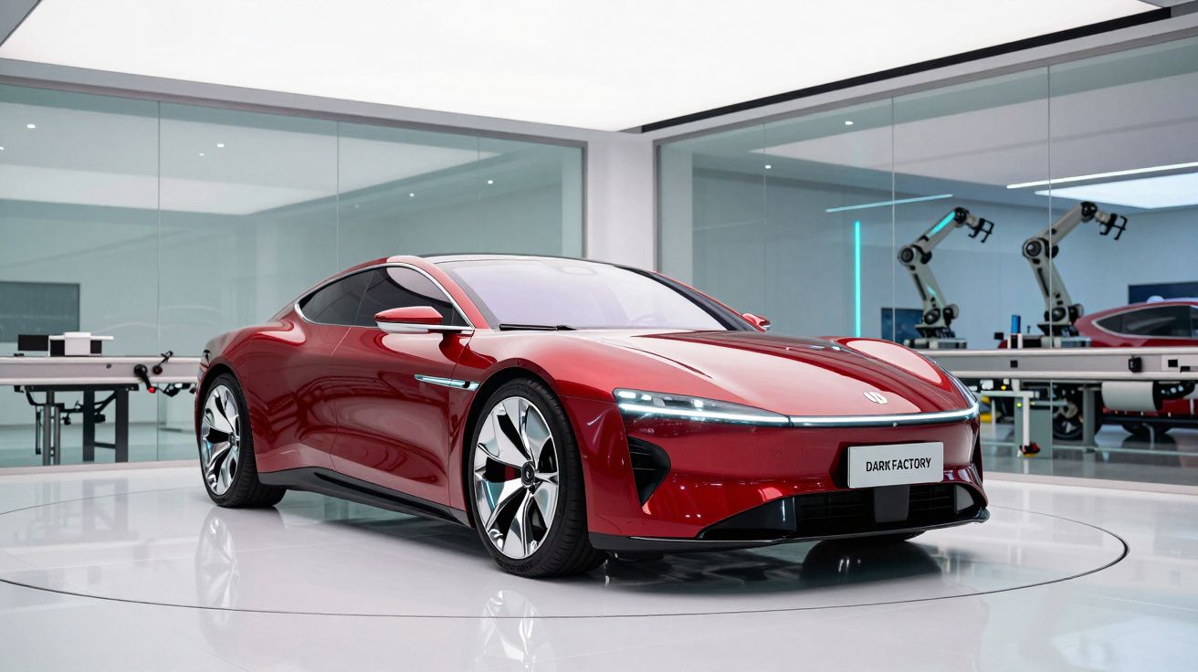 Carro desportivo elétrico vermelho brilhante em exibição numa sala moderna com paredes de vidro.