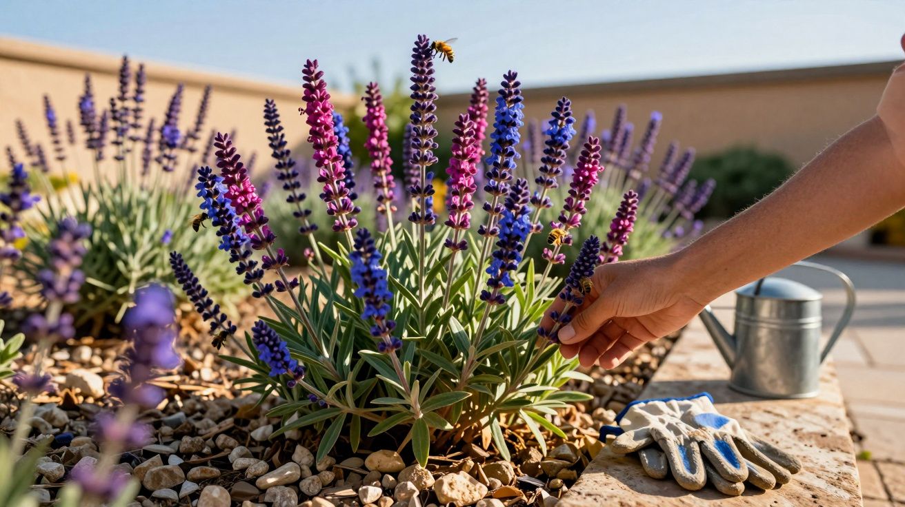 Mão toca flores de lavanda roxas e rosas num jardim de pedra com regador e luvas de jardinagem ao lado.