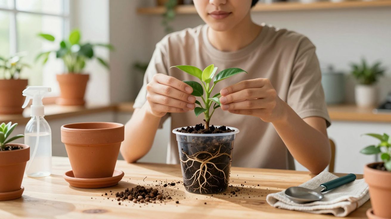 Pessoa a cuidar de planta jovem em vaso transparente, com raízes visíveis e terra espalhada numa mesa.