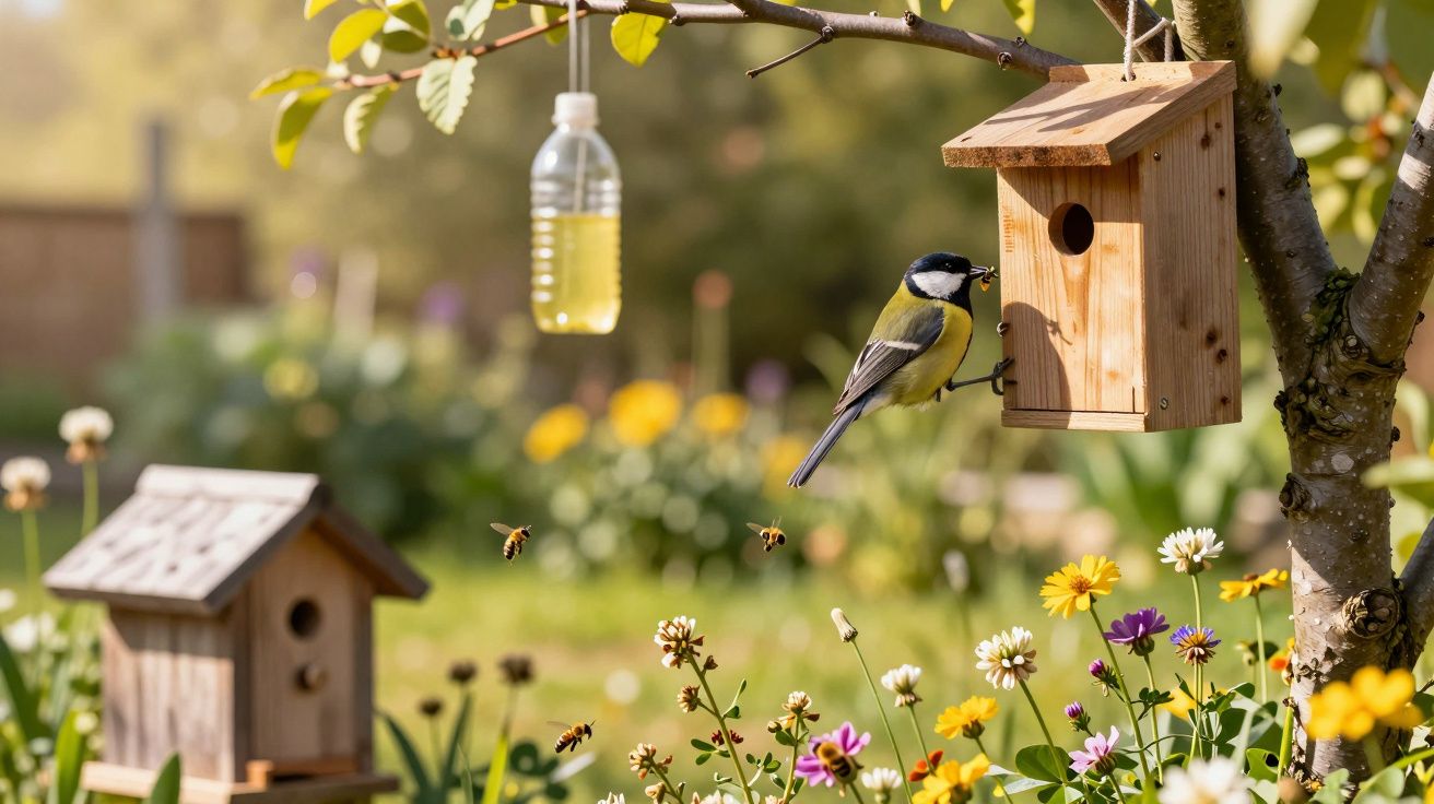 Pássaro pousado numa casinha de madeira numa árvore rodeada de flores e abelhas num jardim ensolarado.