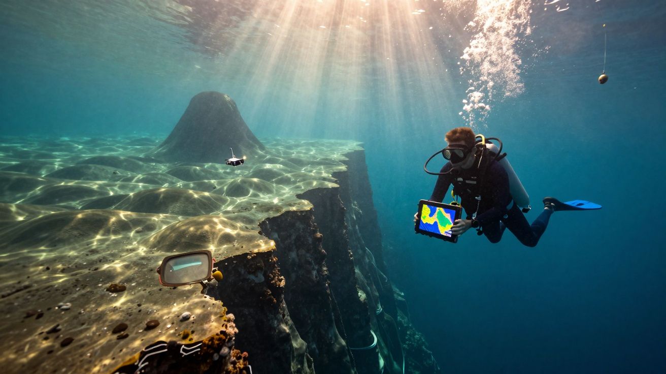 Mergulhador com equipamento a explorar e analisar uma formação rochosa subaquática iluminada pela luz solar.