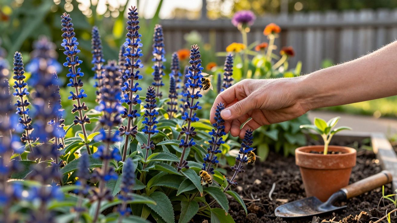 Mão colhendo flor roxa num jardim com plantas, abelhas, vaso de barro e pazinha de jardinagem.