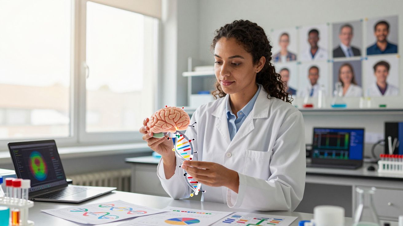 Mulher cientista em bata branca segura modelo de cérebro e DNA em laboratório com computadores e gráficos.